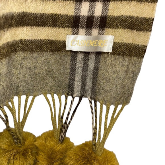 CASHMERE Olive chartreuse rabbit fur balls trim Nova Check Plaid Shawl Wrap FALL - Picture 2 of 6